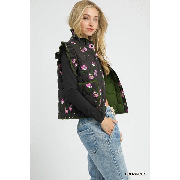 Umgee Ruffled Sleeves Floral Print Snap Button Down Quilted Vest Jacket | Brown - Picture 4 of 6